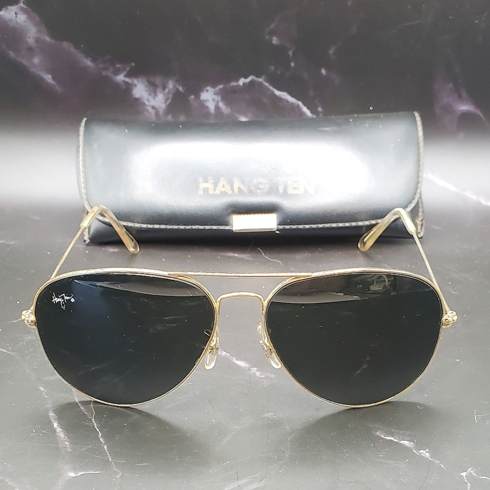 Vintage Hang Ten Goldtone Aviator Style Sunglasses 1970's - 1980's Green Lens